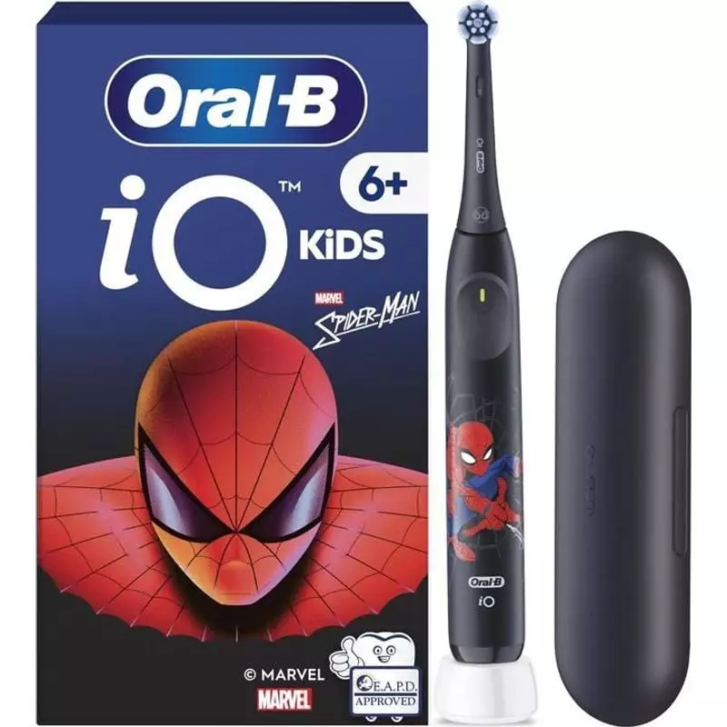 Vue latérale de la boîte Oral-B iO Kids Spiderman : produit, station de charge et branding Marvel Sp