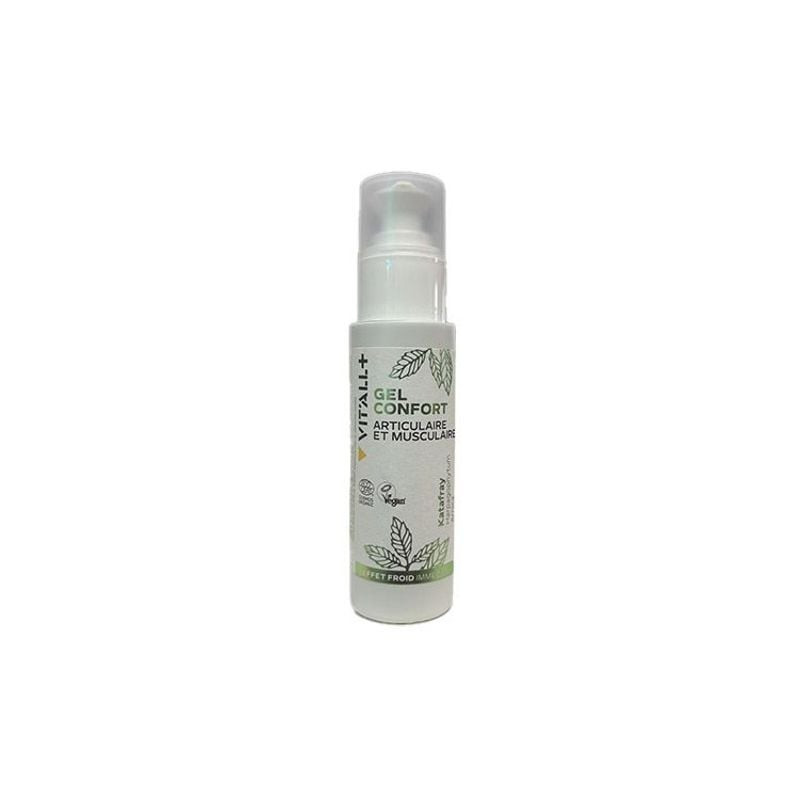 Vit'All+ Gel Confort 100 ml, gel topique rafraîchissant en flacon blanc à pompe avec design feuille 