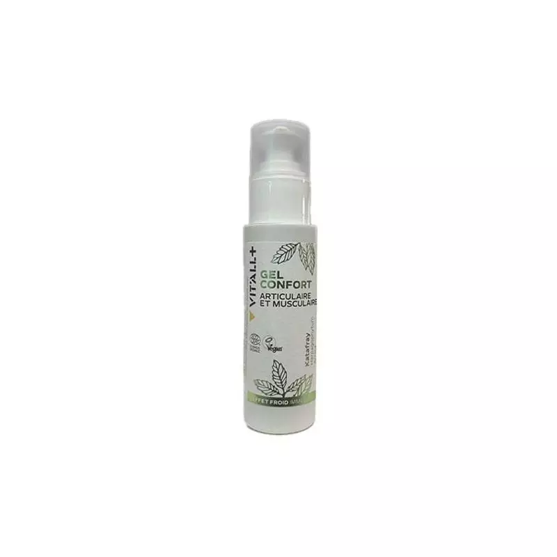 Vit'All+ Gel Confort 100 ml, gel topique rafraîchissant en flacon blanc à pompe avec design feuille 