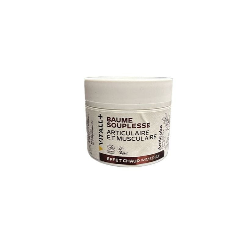 Vit'All+ Baume Souplesse Articulaire et Musculaire en pot blanc 50 ml, avec étiquette effet réchauff