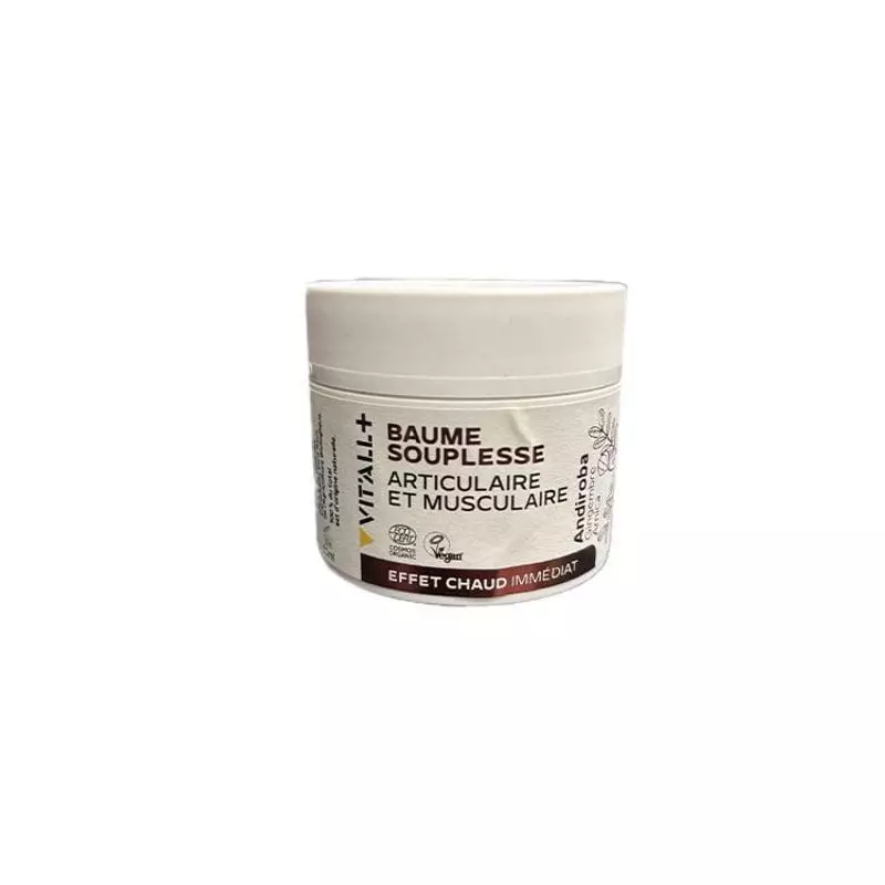 Vit'All+ Baume Souplesse Articulaire et Musculaire en pot blanc 50 ml, avec étiquette effet réchauff