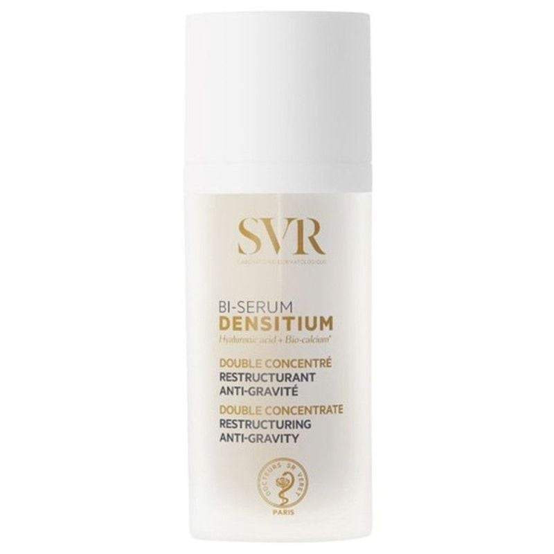 Flacon blanc SVR Bi-Sérum Densitium 30ml avec étiquette or 'Double Concentré Restructurante Anti-Gra