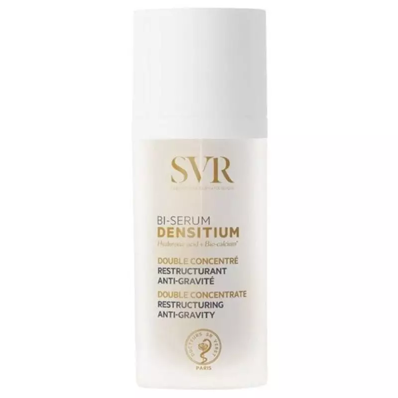 Flacon blanc SVR Bi-Sérum Densitium 30ml avec étiquette or 'Double Concentré Restructurante Anti-Gra