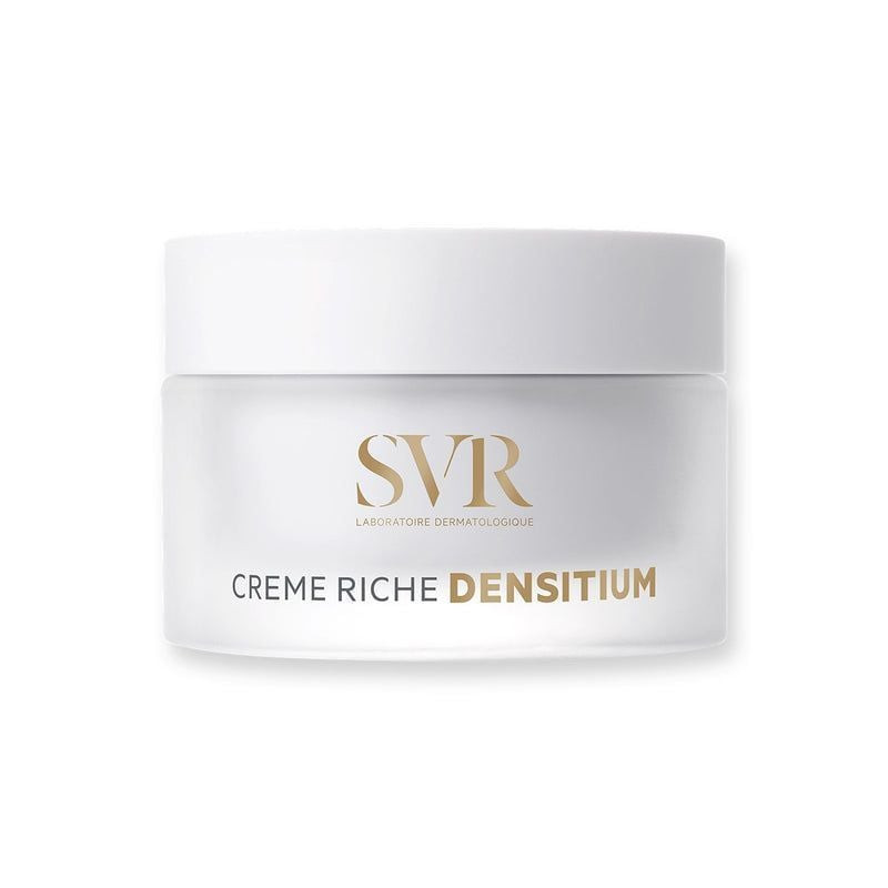 SVR Densitium Crème Riche 50ml en pot de verre dépoli blanc avec branding doré sur fond blanc épuré,