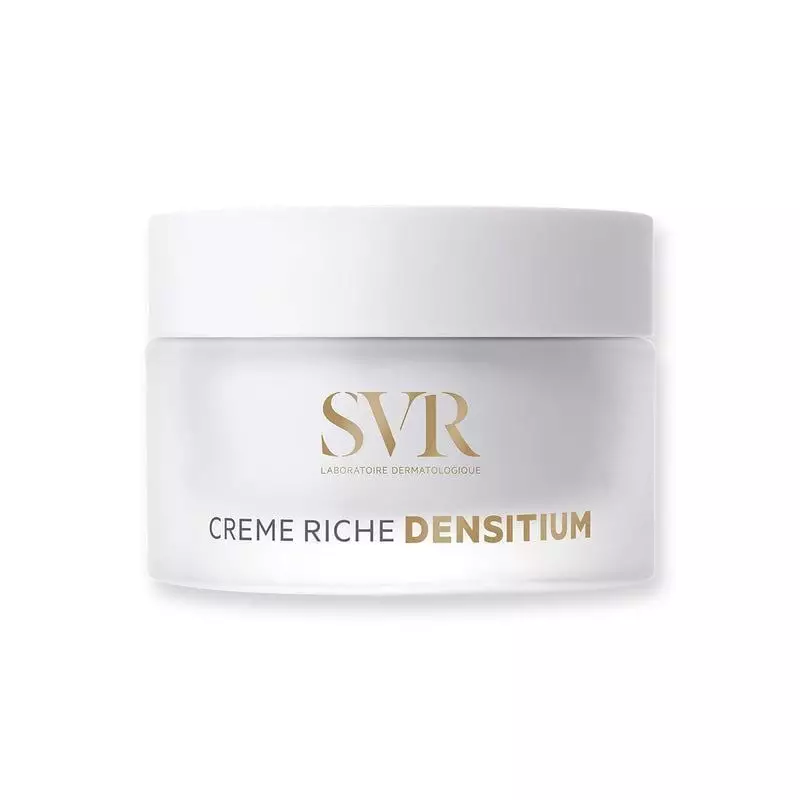 SVR Densitium Crème Riche 50ml en pot de verre dépoli blanc avec branding doré sur fond blanc épuré,