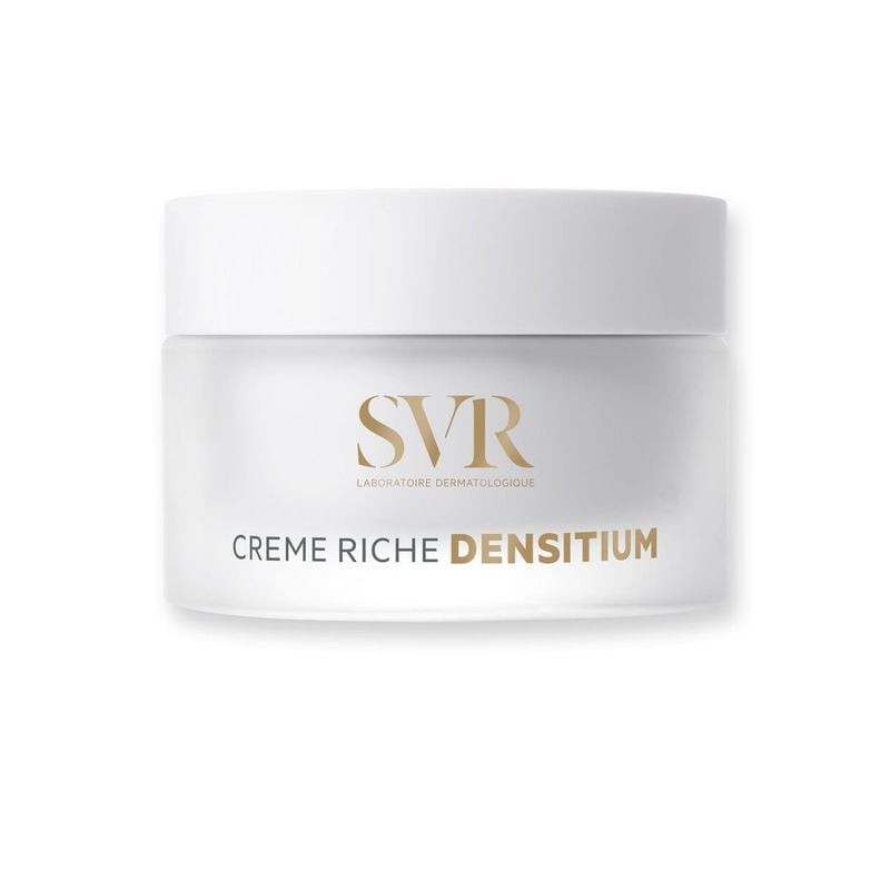 SVR DENSITIUM Crème Riche Rechargeable 50ml en pot blanc avec accents dorés, vue de face sur fond tr