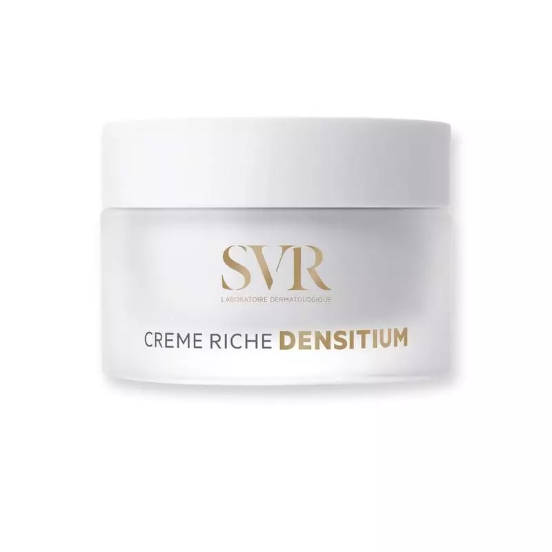 SVR DENSITIUM Crème Riche Rechargeable 50ml en pot blanc avec accents dorés, vue de face sur fond tr