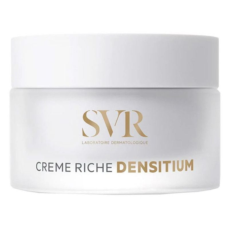 SVR Densitium Crème Riche Recharge 50ml en pot blanc élégant avec logo SVR doré et étiquettes frança