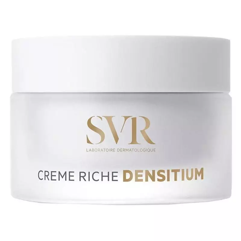 SVR Densitium Crème Riche Recharge 50ml en pot blanc élégant avec logo SVR doré et étiquettes frança