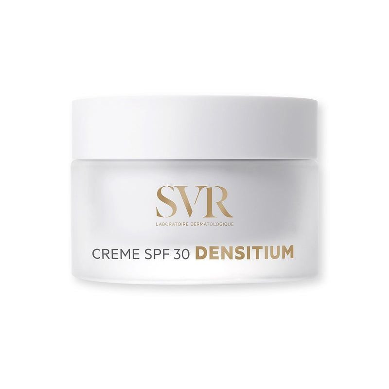 Pot SVR Densitium Crème SPF30 présenté sur fond blanc, pot blanc opaque avec logo SVR doré et étique