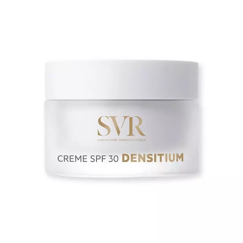 Pot SVR Densitium Crème SPF30 présenté sur fond blanc, pot blanc opaque avec logo SVR doré et étique
