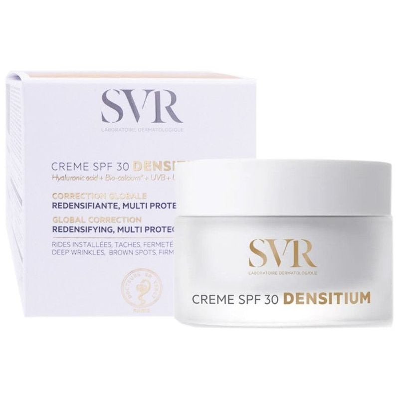 Pot de crème SVR Densitium SPF30 à côté de sa boîte blanche, met en avant acide hyaluronique, correc