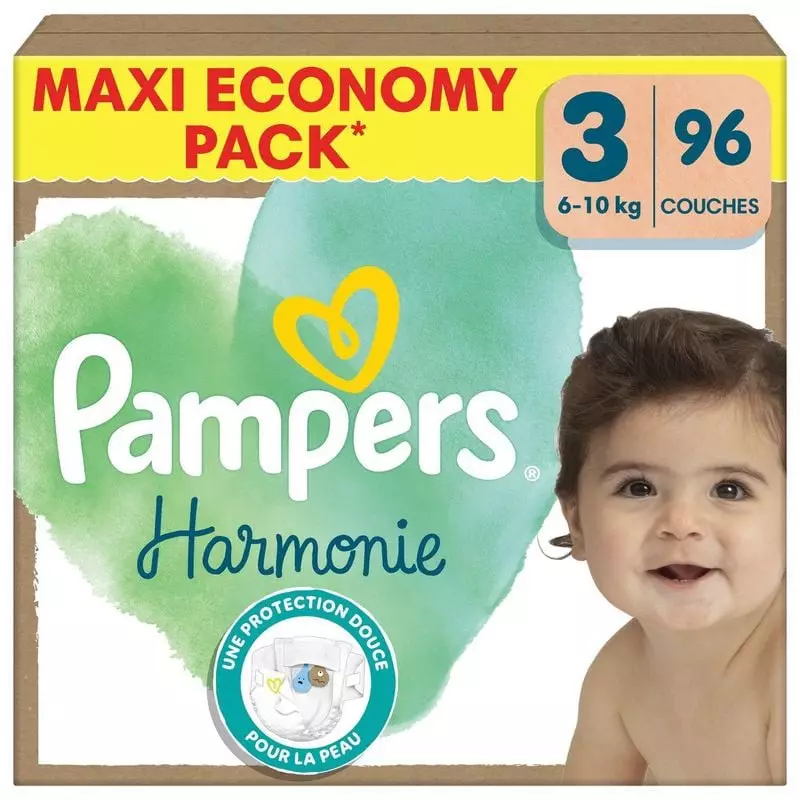 Couches Pampers Harmonie Taille 3, pack maxi économique 96 couches, pour bébés 6-10 kg.