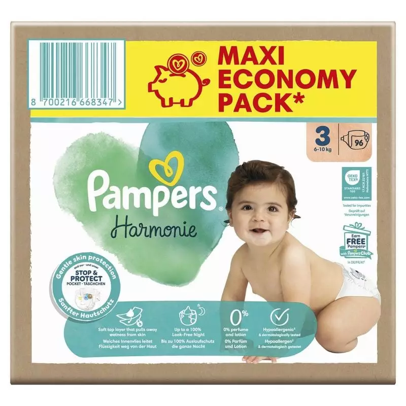 Gros plan sur le paquet de couches Pampers Harmonie Taille 3, mettant en avant «Protection Douce de 
