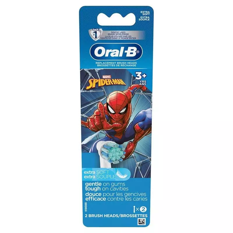 Brossettes Oral-B Kids Extra Souples Spider-Man rechange, emballage bleu avec 2 têtes pour nettoyage