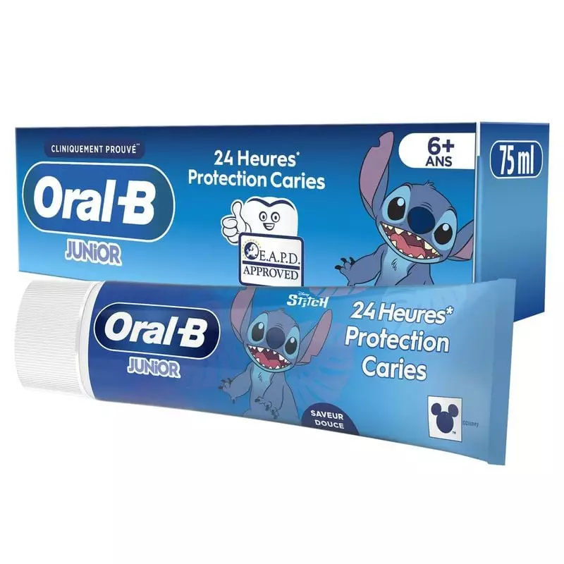 Tube et boîte de dentifrice Oral-B Junior Stitch 75ml avec personnage Stitch, protection anti-caries