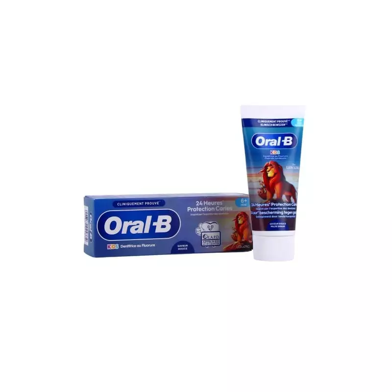 Boîte et tube de dentifrice Oral-B Kids Roi Lion en vue angulaire, protection anti-caries 24h, perso