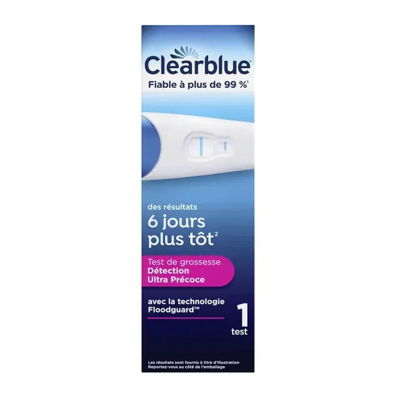 Gros plan de l'emballage du test Clearblue Détection Précoce Avancé, montrant la tige avec ligne de 