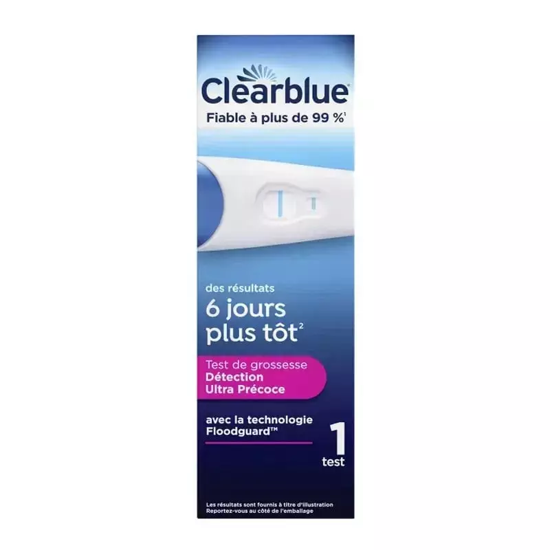 Gros plan de l'emballage du test Clearblue Détection Précoce Avancé, montrant la tige avec ligne de 