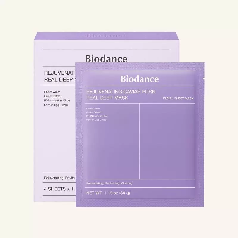 Pack Masque Réjuvenant Biodance Caviar PDRN Real Deep : boîte violette et sachets avec 4 feuilles hy