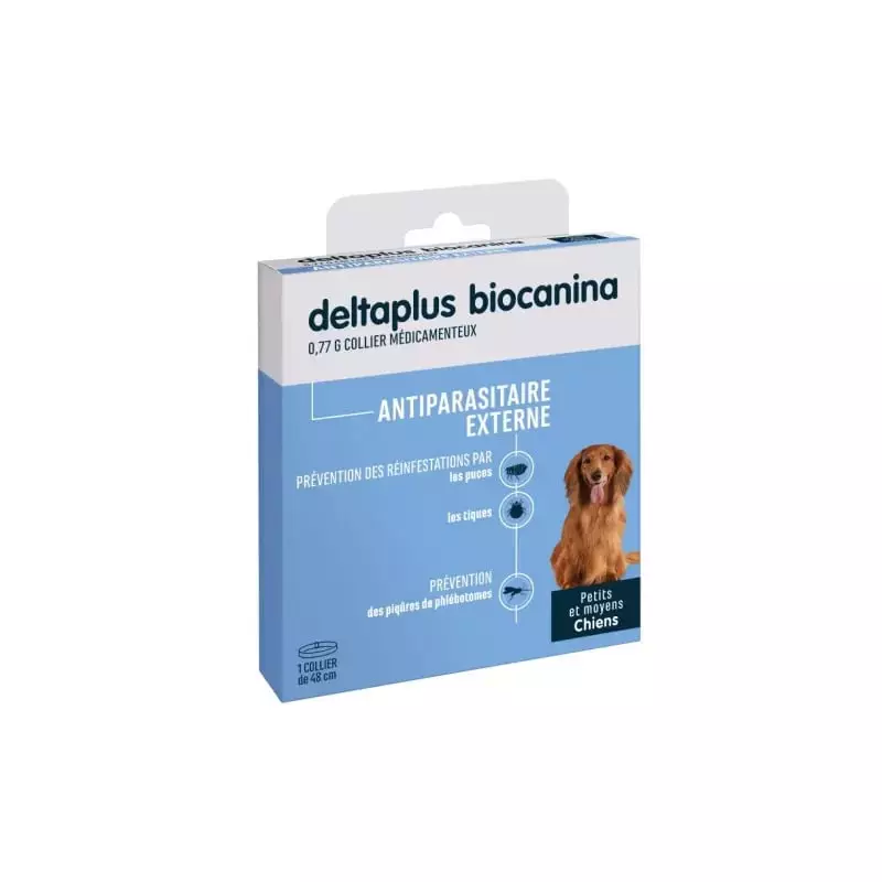 Emballage collier antiparasitaire Biocanina Deltaplus 0,77g pour petits chiens jusqu'à 25 kg, protec