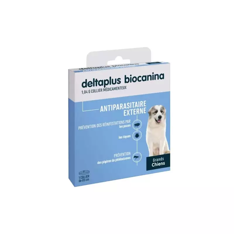 Collier antiparasitaire Deltaplus Biocanina pour grands chiens en emballage bleu avec illustration B