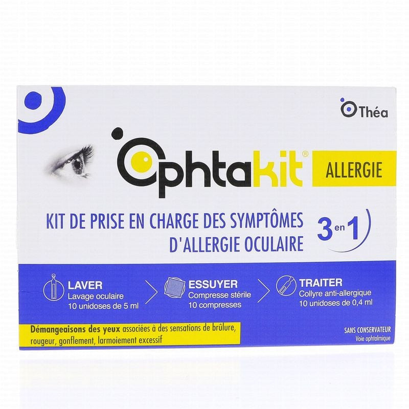 Vue avant de la boîte OPHTAKIT Allergie de Théa Pharma, avec icône œil, étiquette 3-en-1 anti-allerg