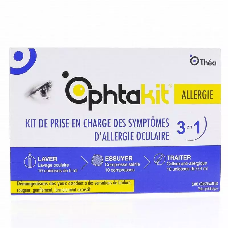Vue avant de la boîte OPHTAKIT Allergie de Théa Pharma, avec icône œil, étiquette 3-en-1 anti-allerg