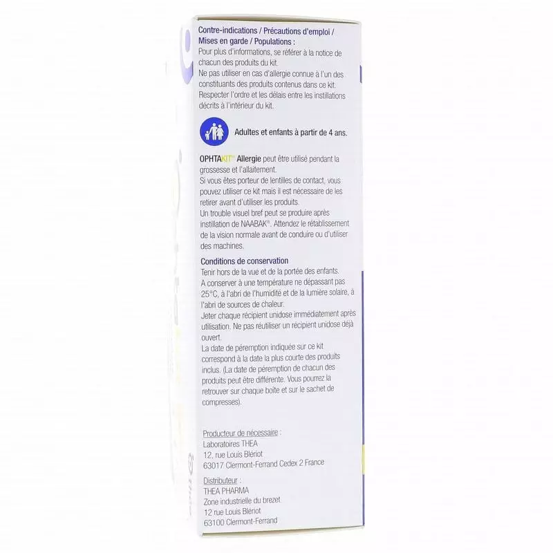 Face arrière de la boîte OPHTAKIT Allergie avec instructions détaillées, contre-indications, utilisa