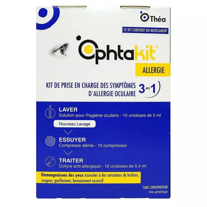 Vue de côté de l'emballage OPHTAKIT Allergie mettant en avant le contenu : 10x5ml lavage oculaire, 1