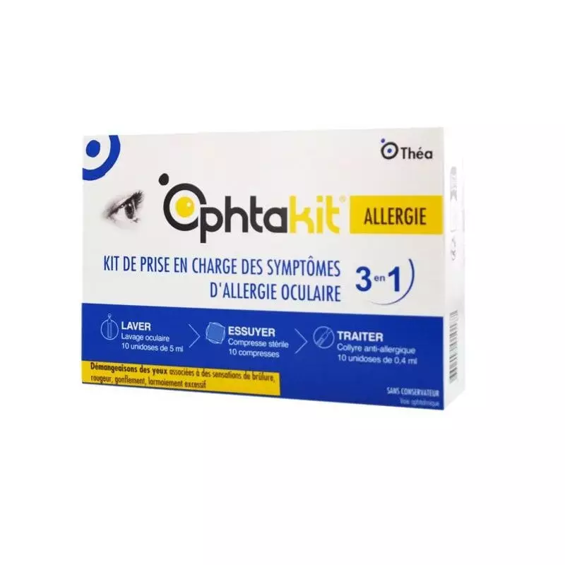 Packshot en angle de la boîte OPHTAKIT Allergie de Théa Pharma, kit 3-en-1 pour allergies oculaires 