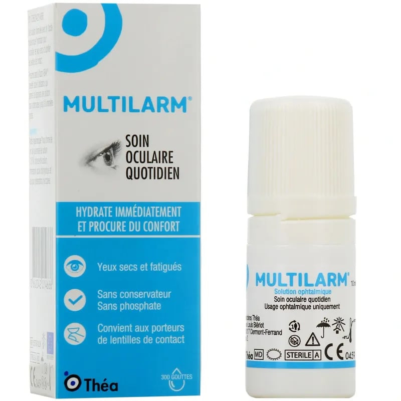 Solution oculaire Multilarm de Théa Pharma : flacon blanc 10 ml avec pipette à côté d'une boîte bleu