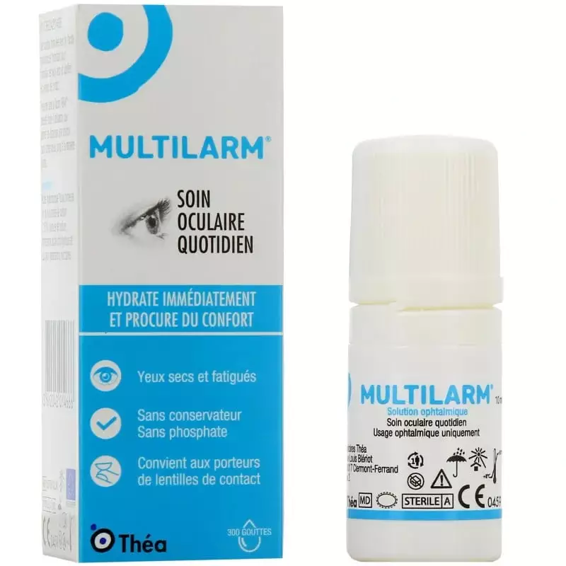 Solution oculaire Multilarm de Théa Pharma : flacon blanc 10 ml avec pipette à côté d'une boîte bleu