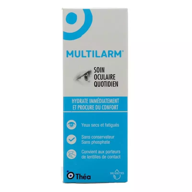 Vue verticale de la boîte d'emballage Multilarm en bleu et blanc, avec nom du produit, graphique ocu