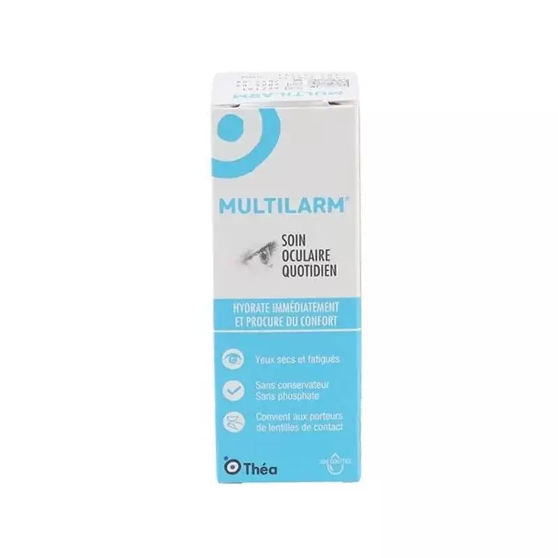 Gros plan de l'emballage frontal Multilarm : boîte bleue avec flacon blanc, mettant en avant hydrata