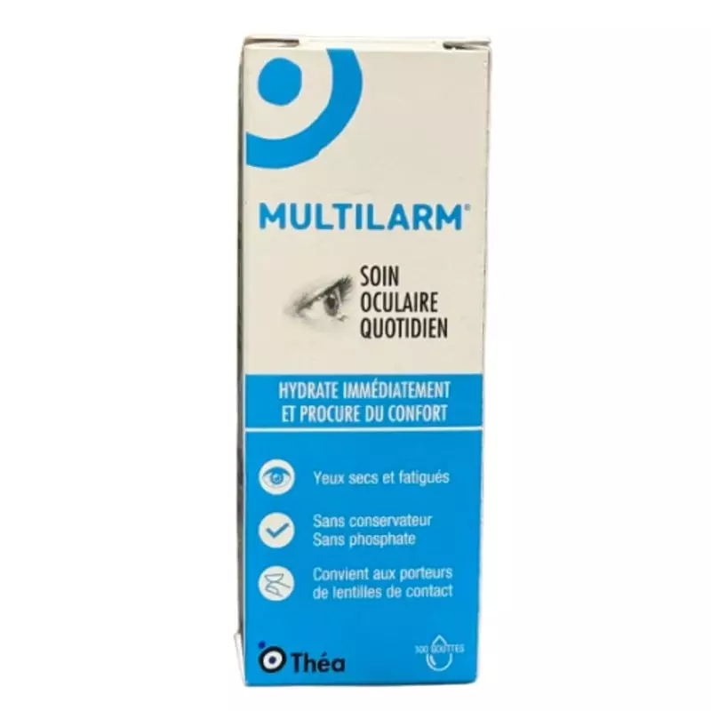 Vue frontale complète de la boîte Multilarm seule, mettant en avant la marque, les allégations de co