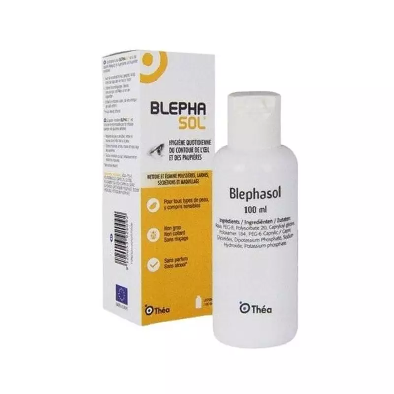 Flacon blanc Théa Blephasol 100ml à côté de sa boîte orange, solution micellaire d'hygiène pour paup