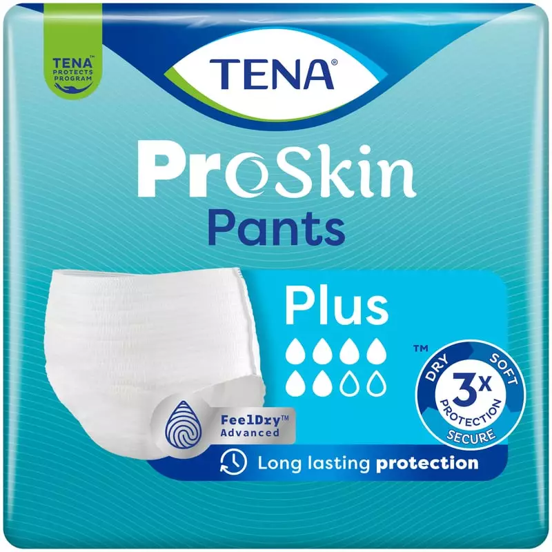 TENA Pants ProSkin Plus taille S paquet de 14, vue avant du packaging avec FeelDry Advanced, 3x Dry 