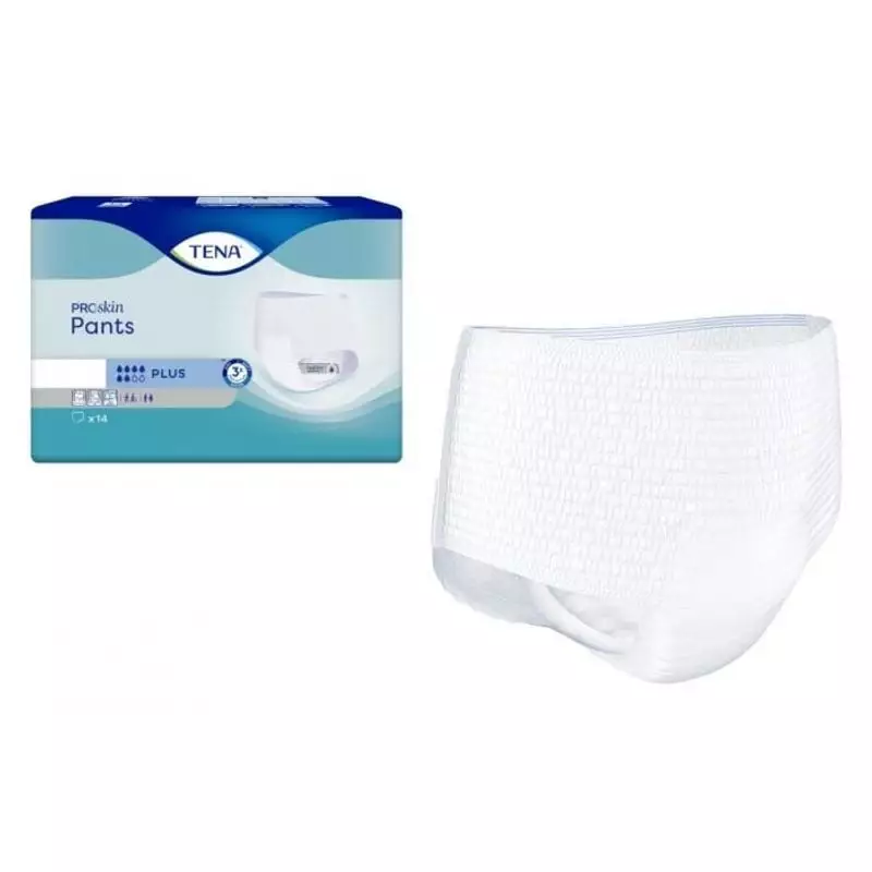Emballage TENA Pants ProSkin Plus taille S x14 à côté de culottes absorbantes blanches ouvertes, sou
