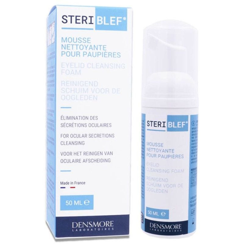Vue avant du flacon Steriblef 50 ml à côté de sa boîte bleue, mettant en avant le distributeur-pompe