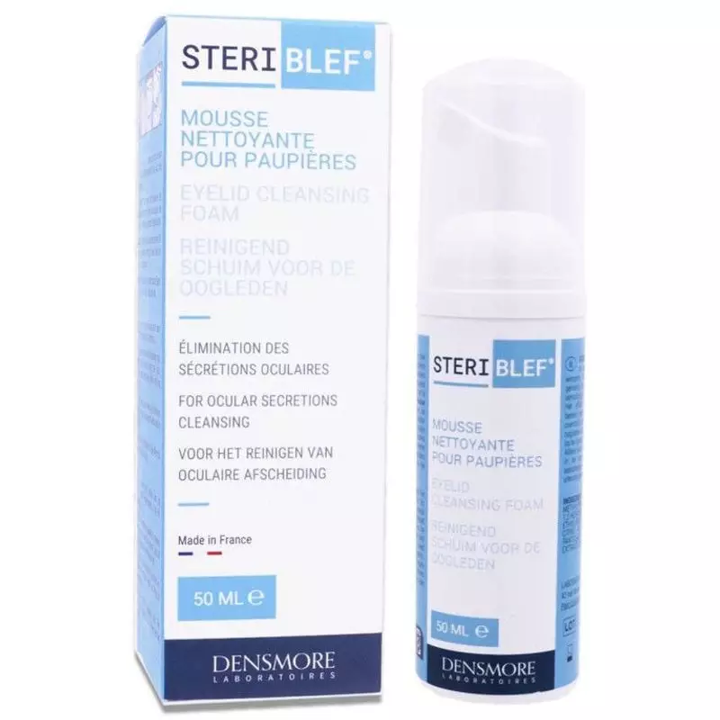 Vue avant du flacon Steriblef 50 ml à côté de sa boîte bleue, mettant en avant le distributeur-pompe