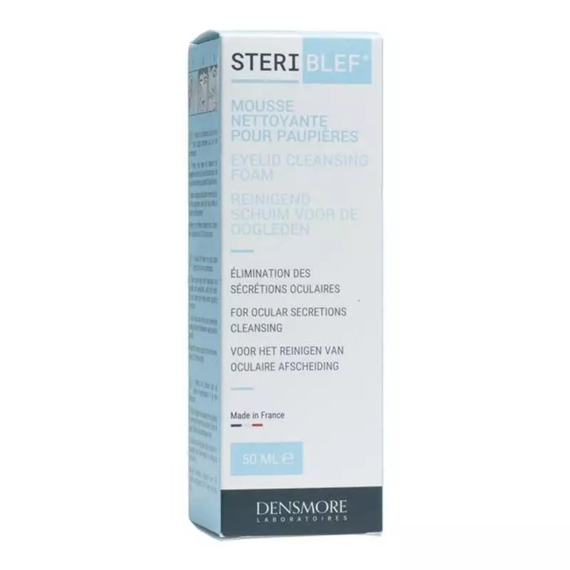 Vue latérale de la boîte Steriblef 50 ml avec texte français pour mousse nettoyante paupières et cer