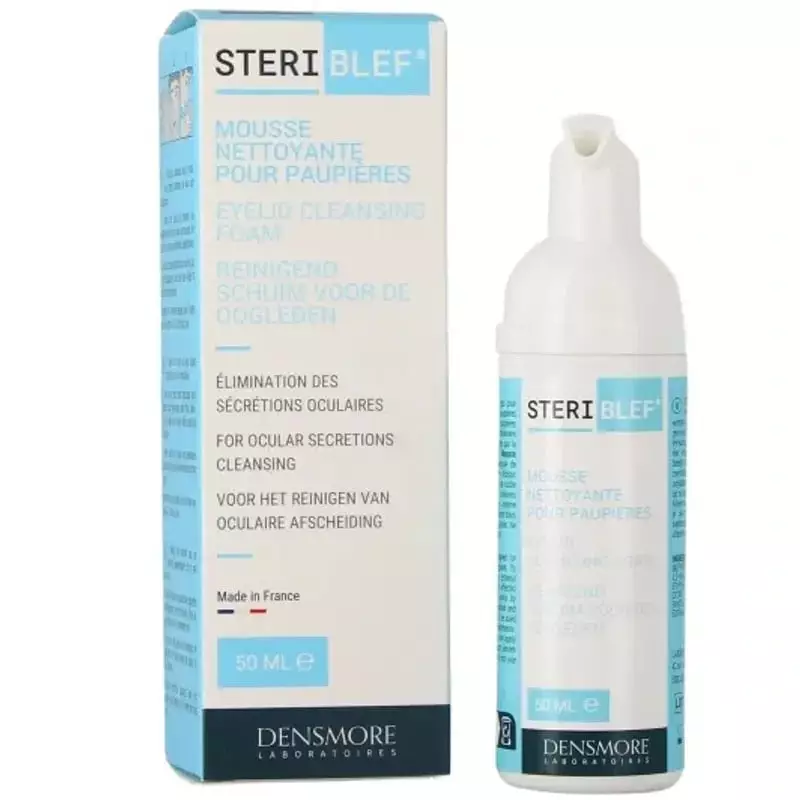 Steriblef Mousse Nettoyante pour Paupières et Cils 50 ml - Boîte et flacon vue avant avec étiquettes