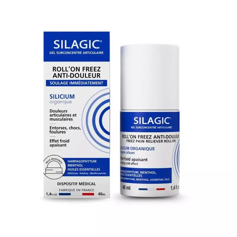 Silagic Roll'On Freez gel roll-on anti-douleur en flacon blanc avec bouchon bleu et boîte, 98% actif