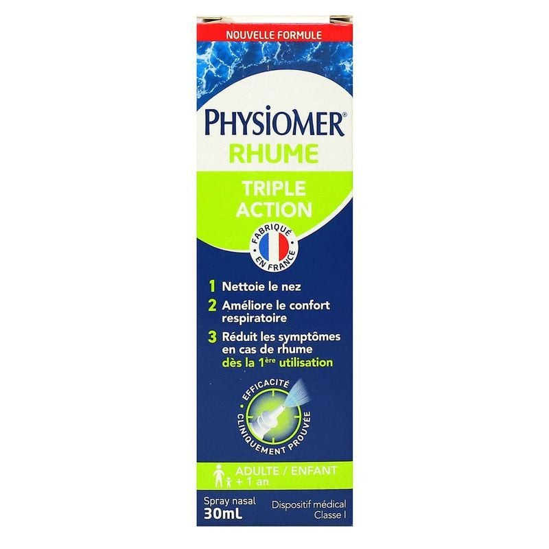 Boîte Physiomer Rhume Triple Action spray nasal 30ml, formule hypertonique à l’eau de mer avec huile
