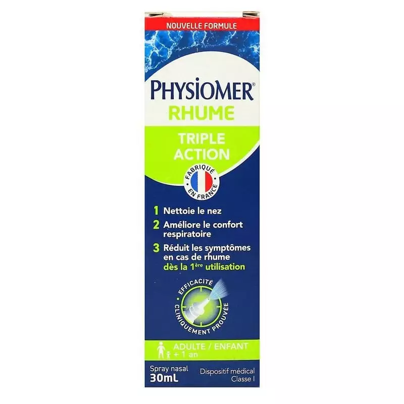 Boîte Physiomer Rhume Triple Action spray nasal 30ml, formule hypertonique à l’eau de mer avec huile