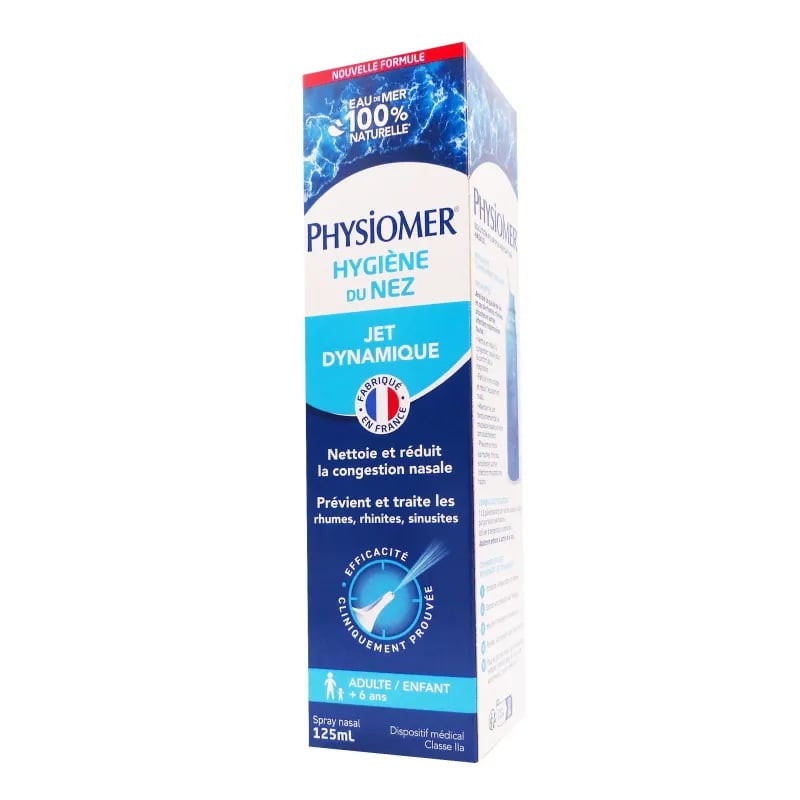Vue avant de la boîte PHYSIOMER Hygiène du Nez Jet Dynamique 125 ml, spray nasal au design bleu avec