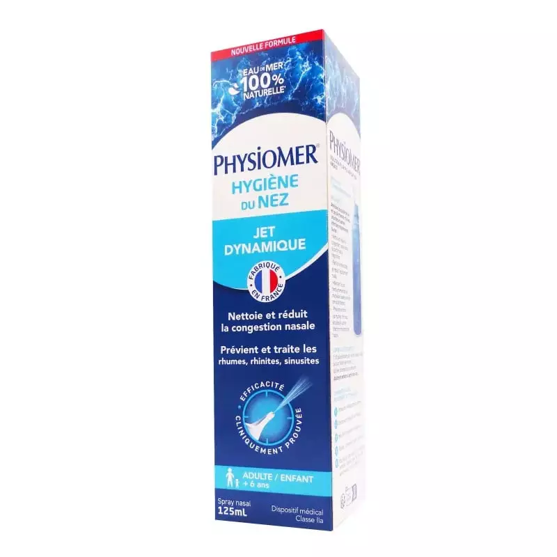 Vue avant de la boîte PHYSIOMER Hygiène du Nez Jet Dynamique 125 ml, spray nasal au design bleu avec