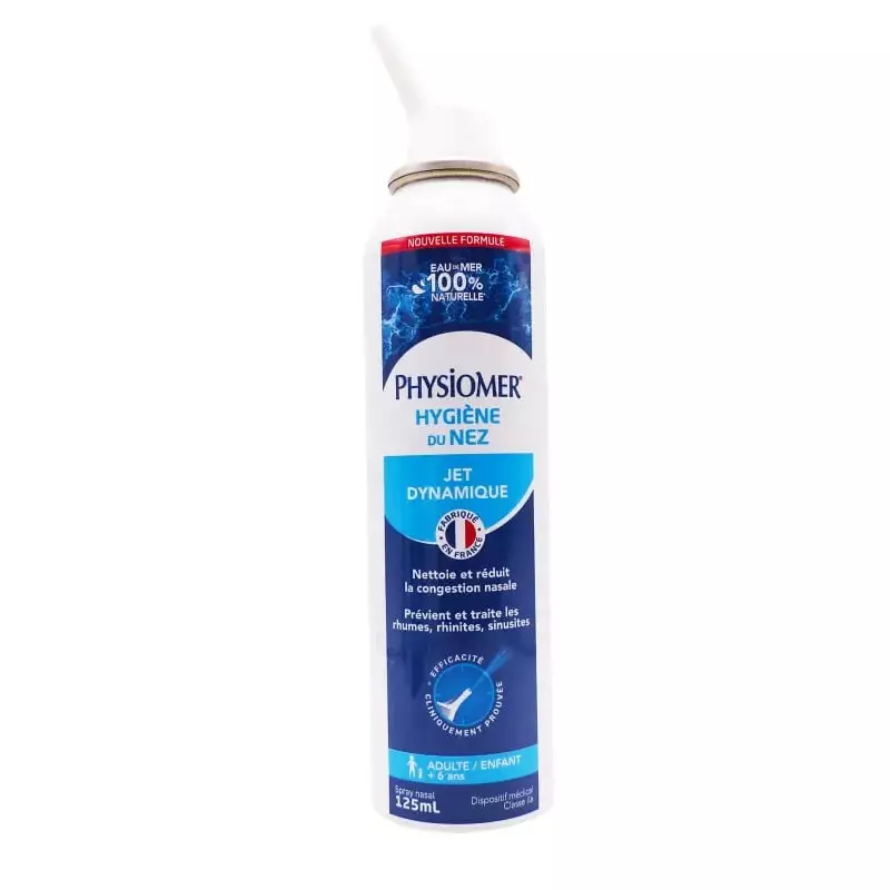 Flacon spray nasal PHYSIOMER à embout blanc, étiquette bleue mettant en avant l'action jet dynamique