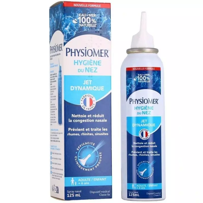 Vue double de la boîte et du flacon PHYSIOMER spray nasal, mise en avant nouvelle formule 100% natur